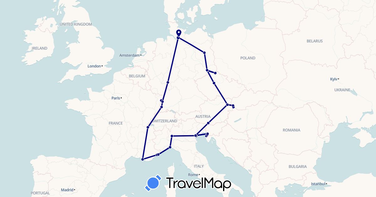 TravelMap itinerary: driving in Austria, Switzerland, Czech Republic, Germany, France, Croatia, Hungary, Italy, Monaco, Slovenia, Slovakia (Europe)